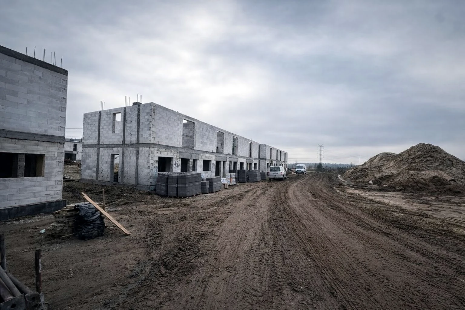 Szereg budynków murowanych na placu budowy, stan surowy
